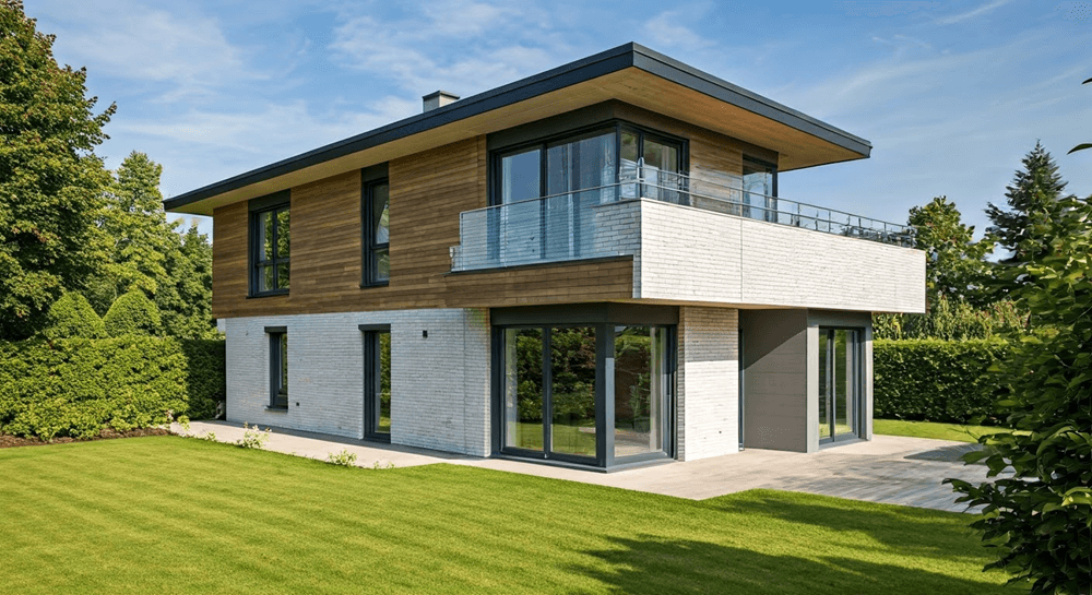 Contemporary Gloucestershire home featuring sleek aluminium-framed uPVC windows and patio doors. This image relates to the page content by showcasing stylish, energy-efficient replacement windows ideal for modern homes.